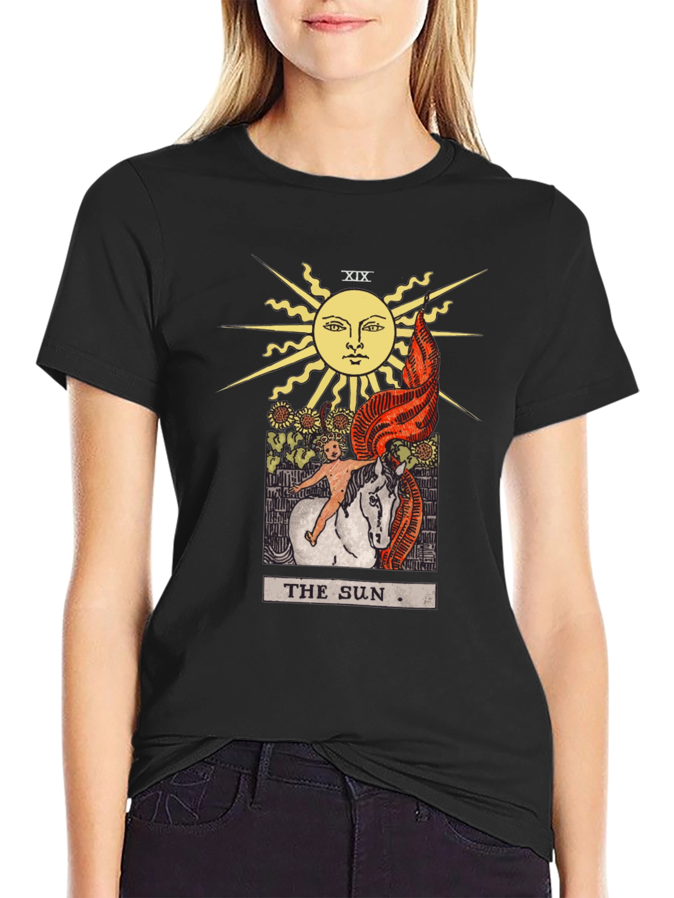 Camiseta Negra con Diseño del Tarot El Sol