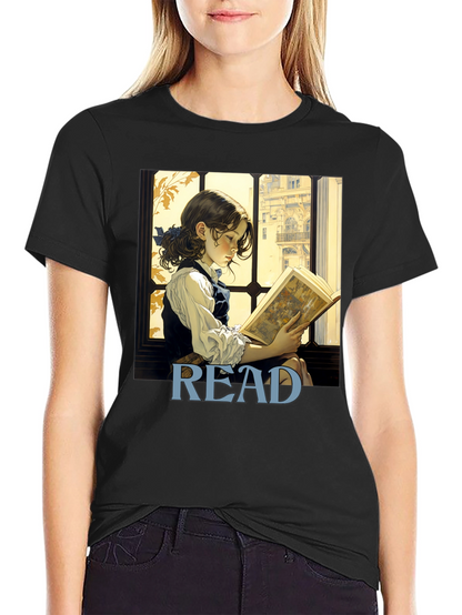 Camiseta Negra Lee con Diseño de Niña Lectora