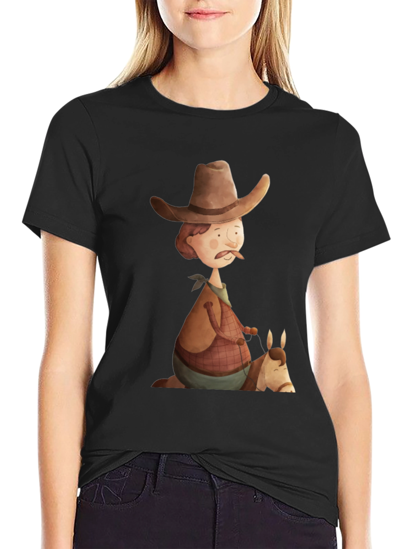 Camiseta Negra Vaquero Divertido Ilustración