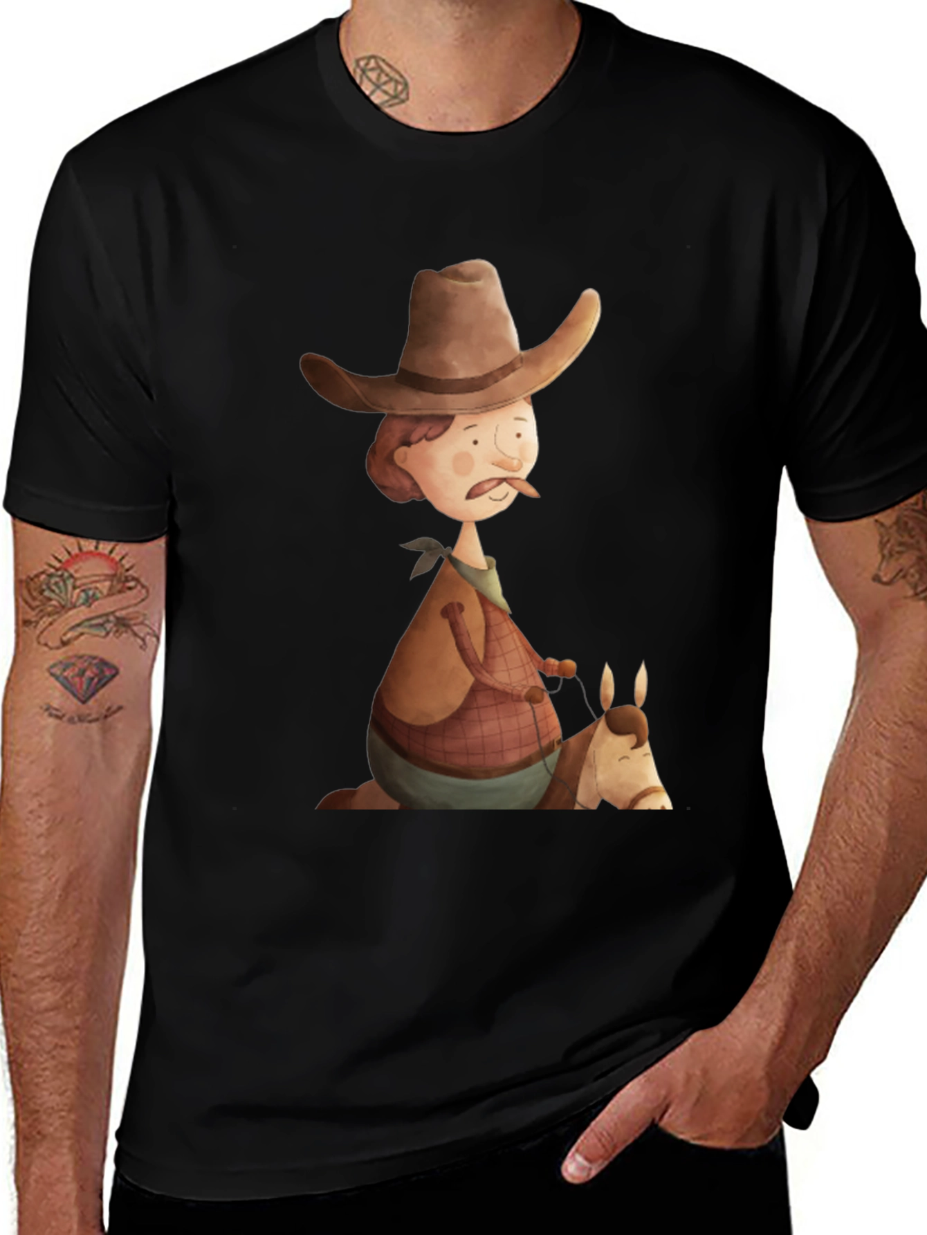 Camiseta Negra Vaquero Divertido Ilustración
