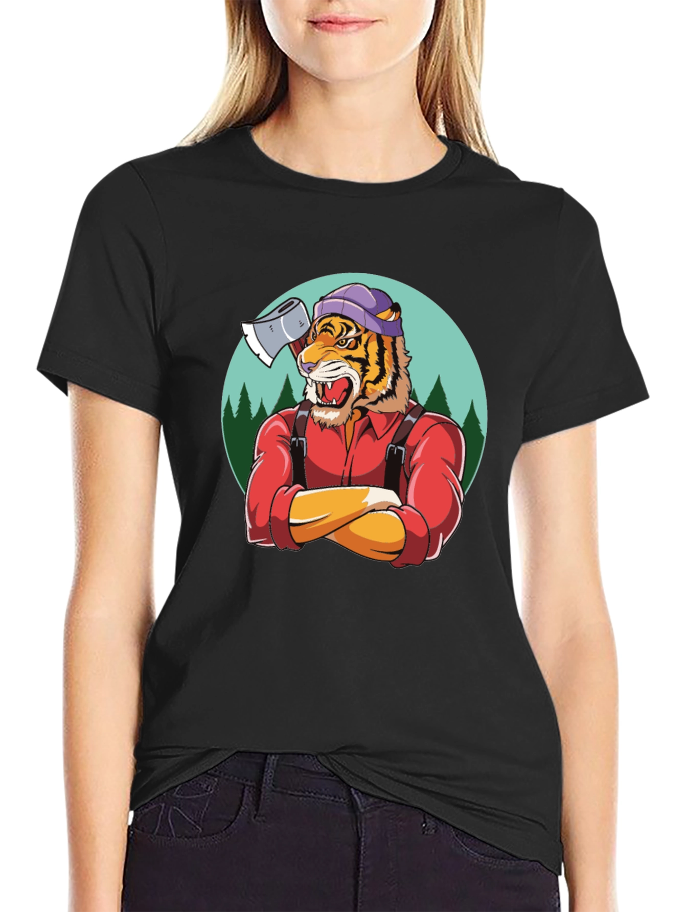 Camiseta Negra con Diseño de Tigre Leñador