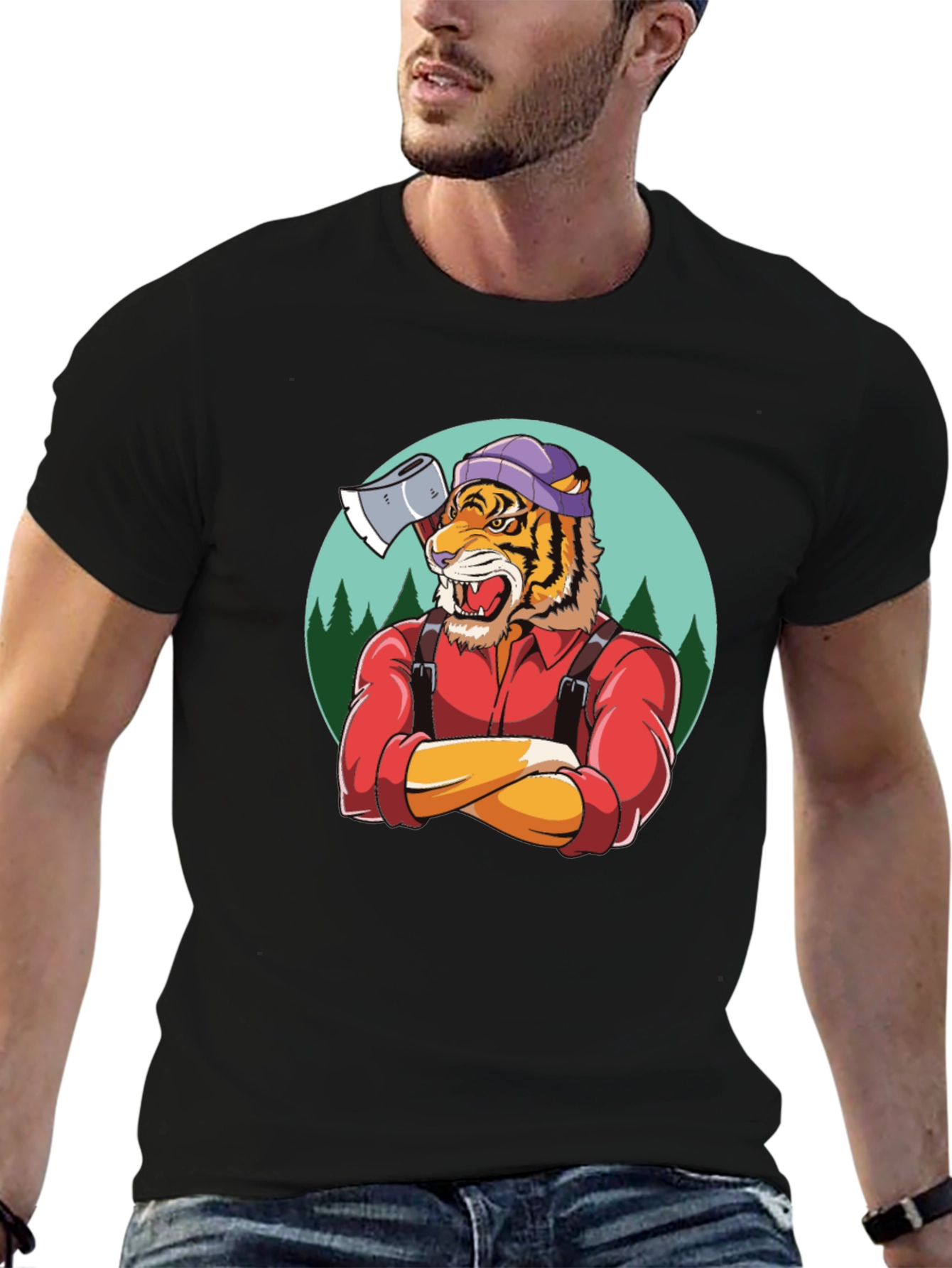 Camiseta Negra con Diseño de Tigre Leñador
