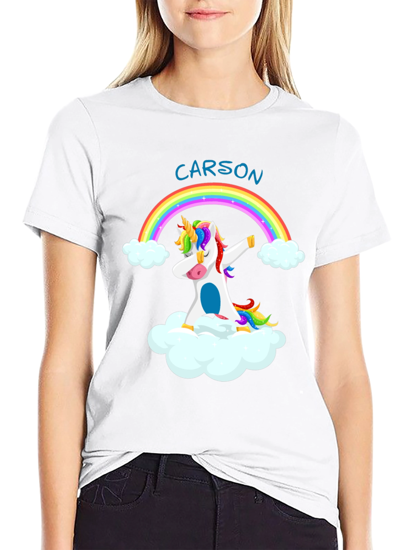 Camiseta Negra Unicornio Arcoíris Personalizada