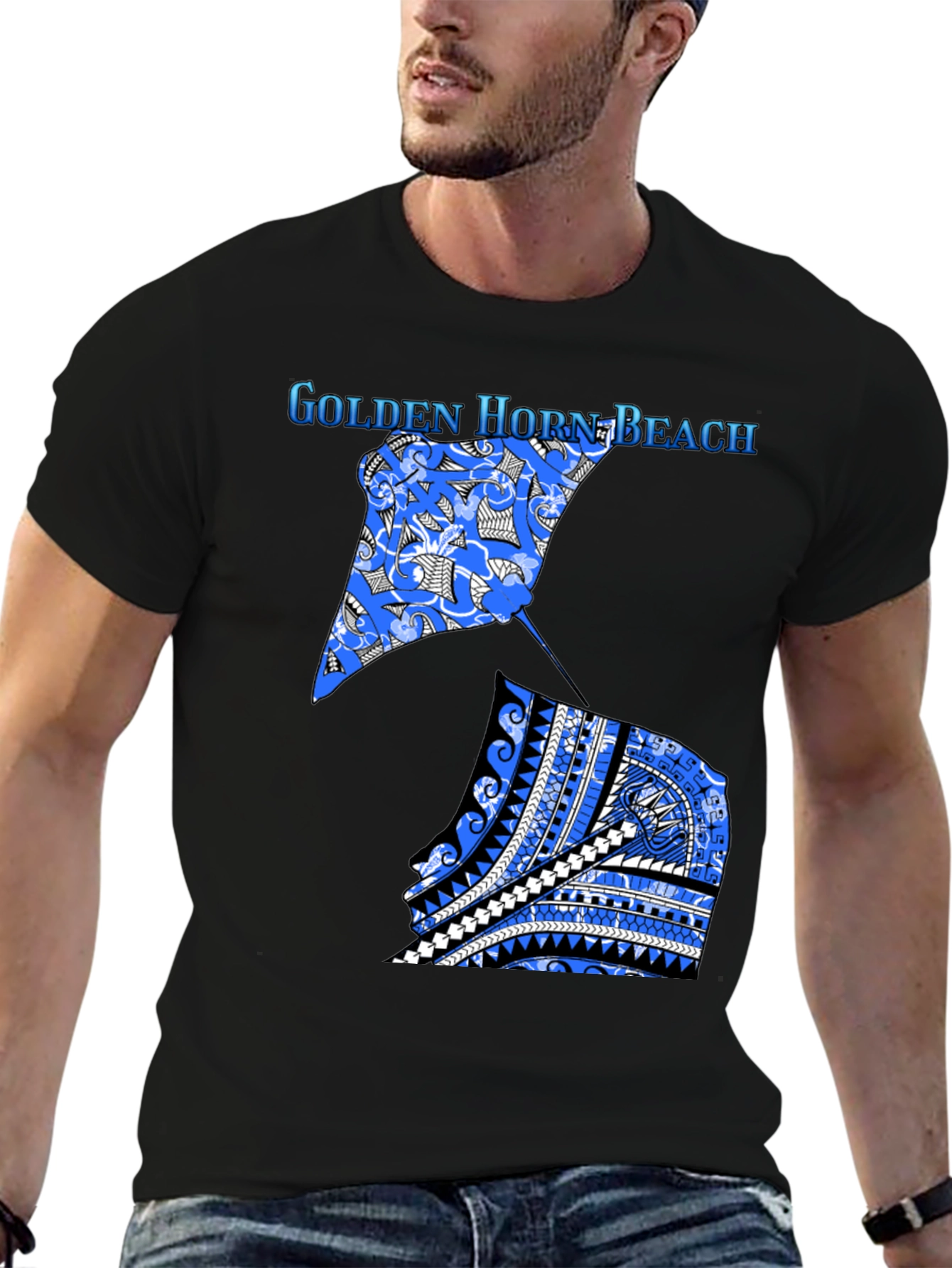 Camiseta Negra Playa Golden Horn con Diseño Único