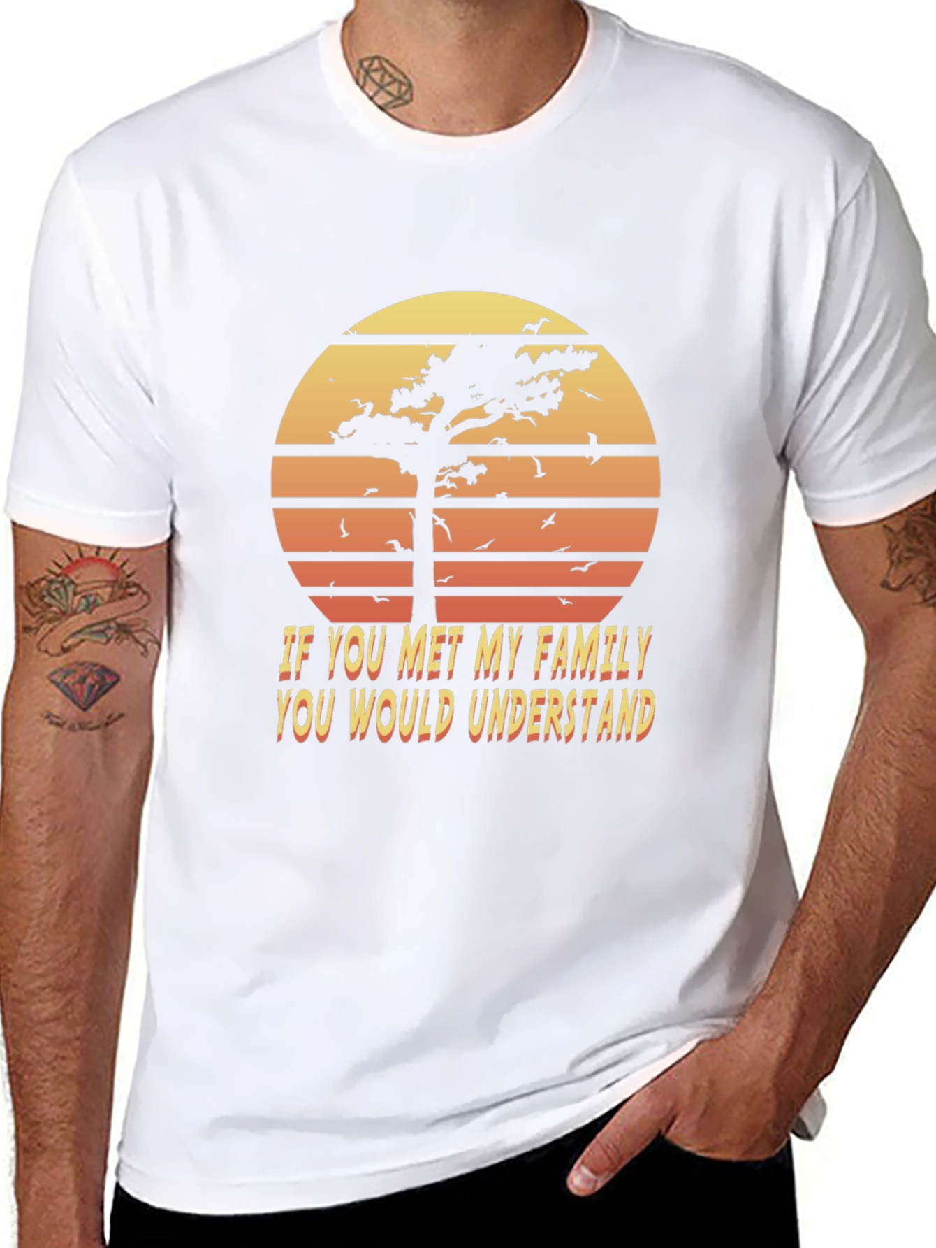 Camiseta Negra: Árbol al Atardecer y Frase Familiar