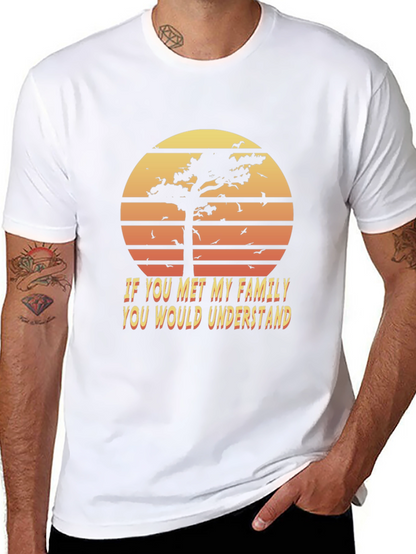 Camiseta Negra: Árbol al Atardecer y Frase Familiar
