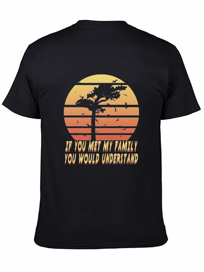 Camiseta Negra: Árbol al Atardecer y Frase Familiar