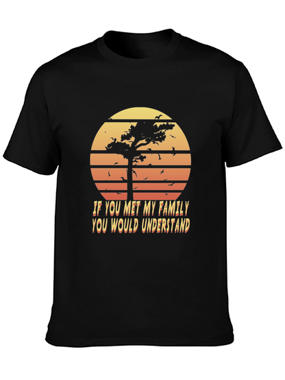 Camiseta Negra: Árbol al Atardecer y Frase Familiar