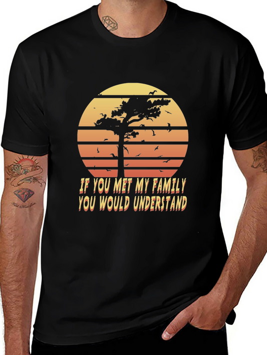 Camiseta Negra: Árbol al Atardecer y Frase Familiar