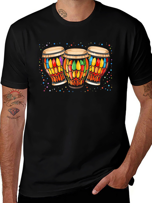 Camiseta Negra con Diseño de Congas Coloridas