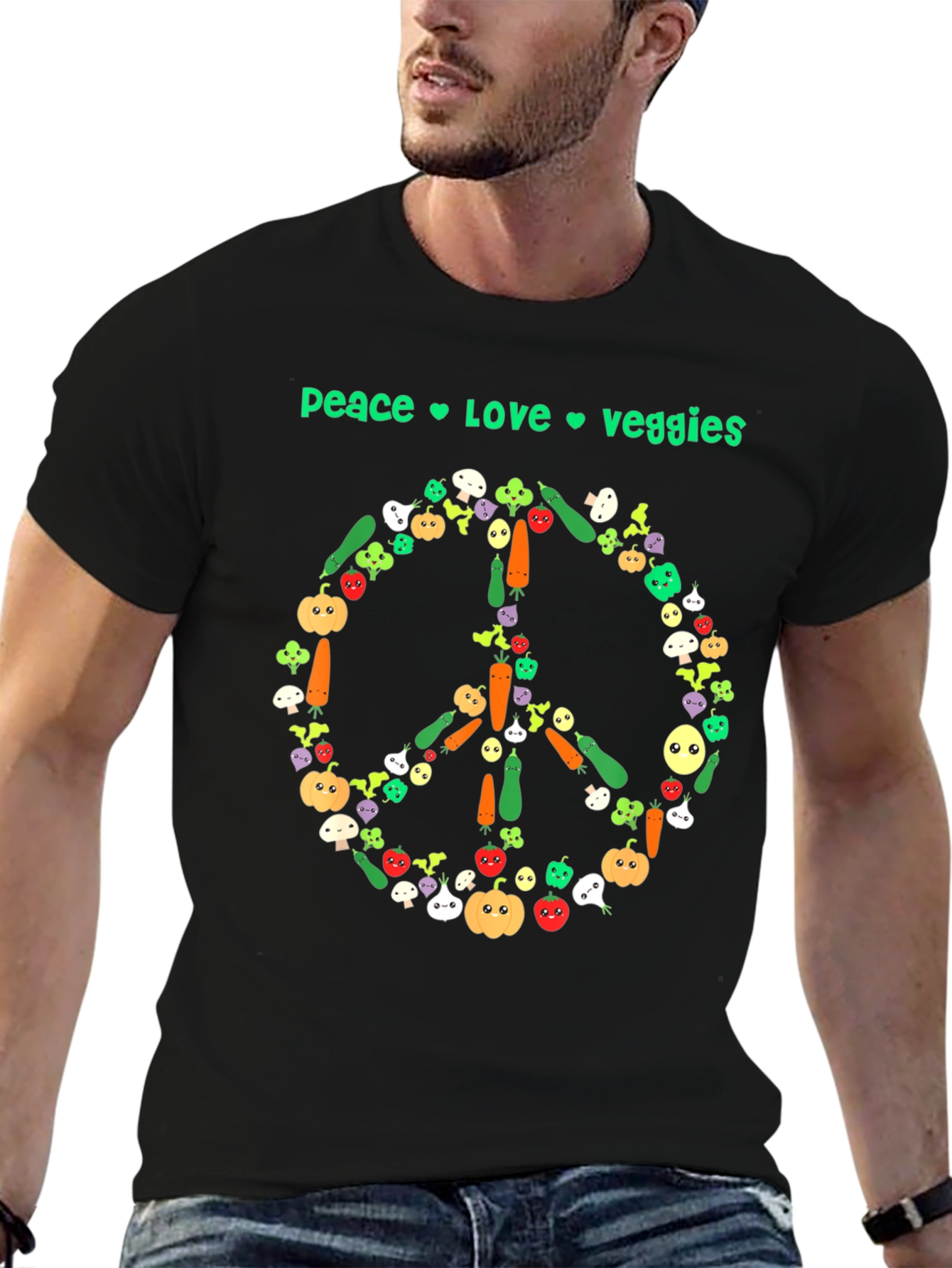 Camiseta Negra Vegana Paz Amor Vegetales