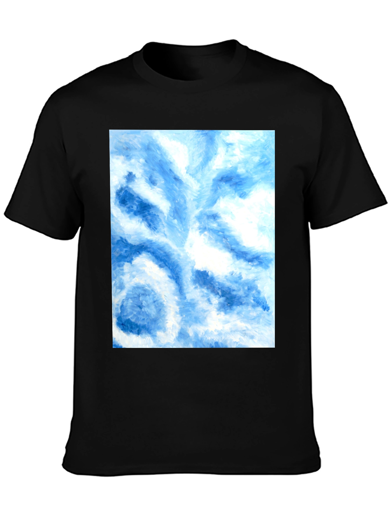 Camiseta Negra con Diseño Abstracto Azul y Blanco