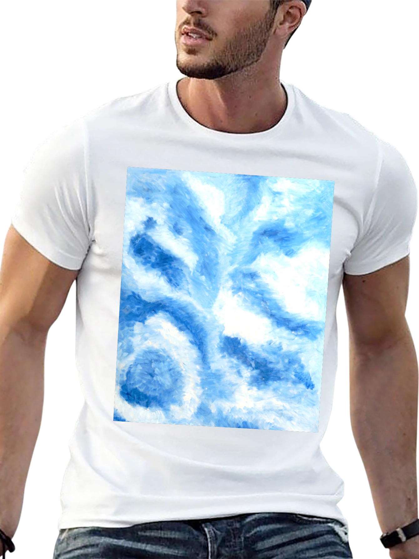 Camiseta Negra con Diseño Abstracto Azul y Blanco
