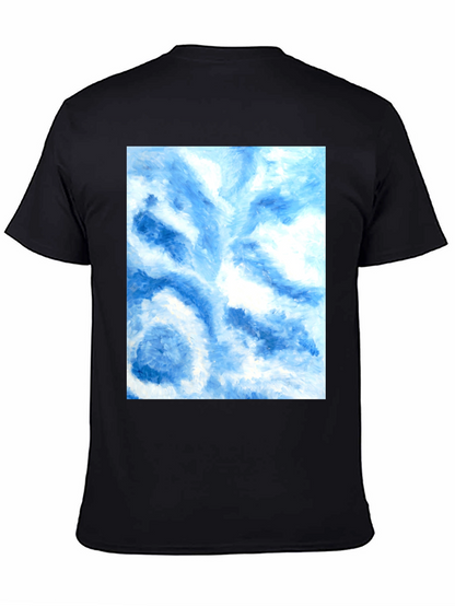 Camiseta Negra con Diseño Abstracto Azul y Blanco