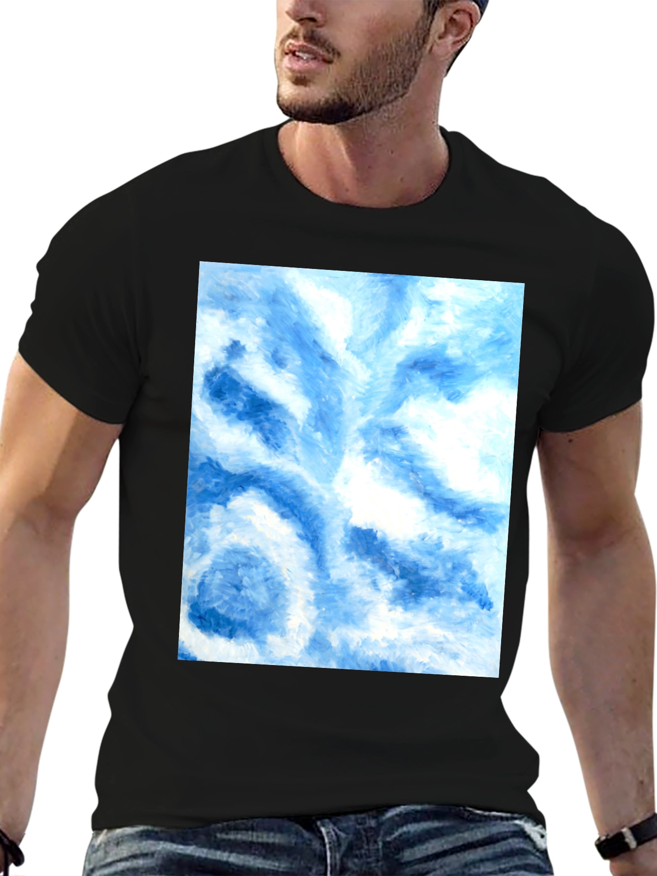Camiseta Negra con Diseño Abstracto Azul y Blanco