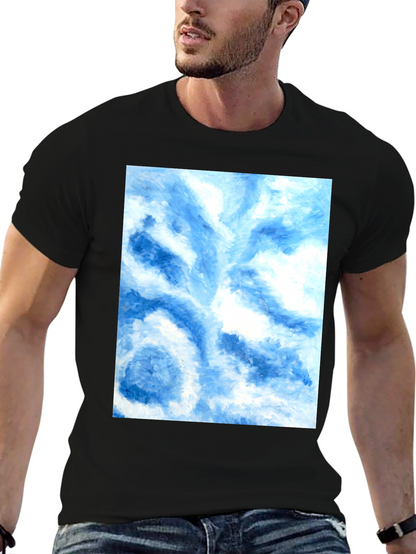 Camiseta Negra con Diseño Abstracto Azul y Blanco