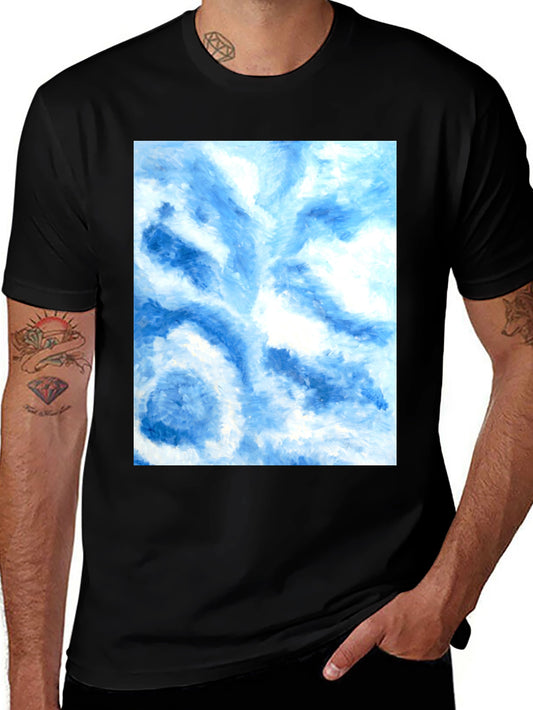 Camiseta Negra con Diseño Abstracto Azul y Blanco