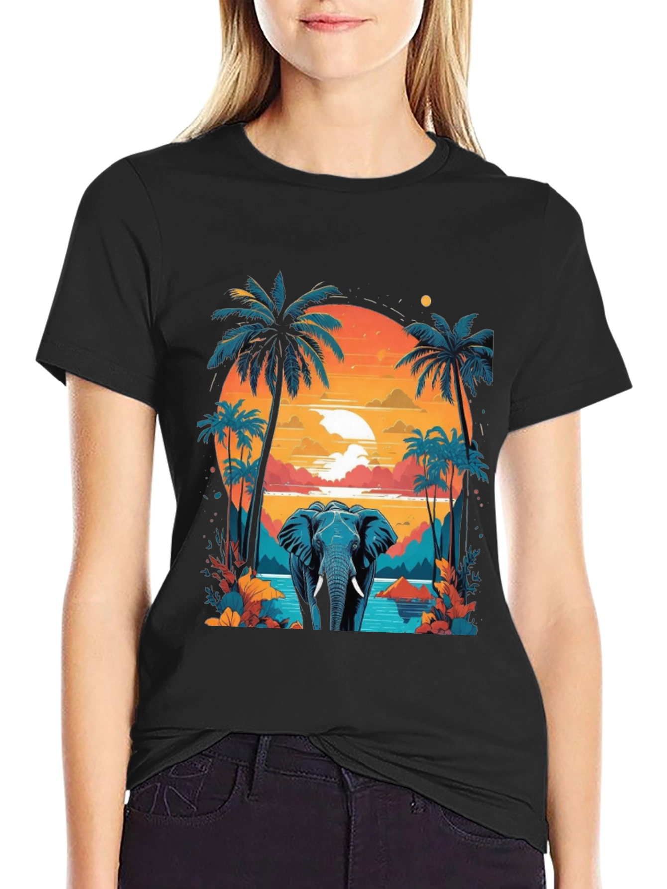 Camiseta Negra con Diseño de Elefante Tropical