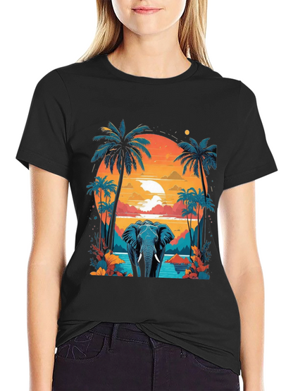 Camiseta Negra con Diseño de Elefante Tropical
