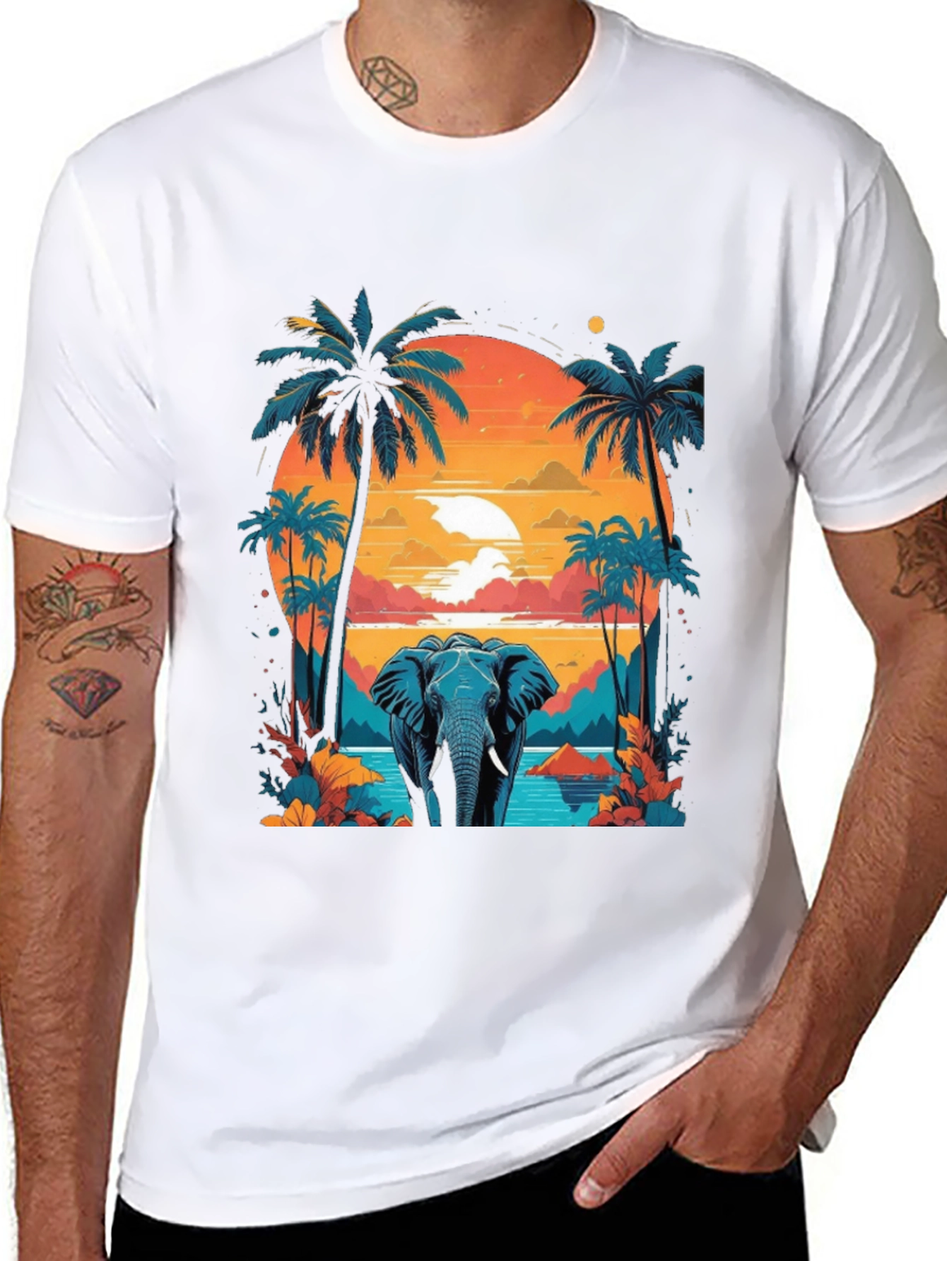 Camiseta Negra con Diseño de Elefante Tropical