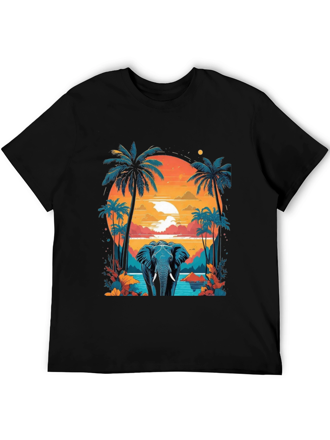 Camiseta Negra con Diseño de Elefante Tropical