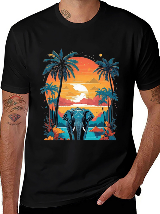 Camiseta Negra con Diseño de Elefante Tropical