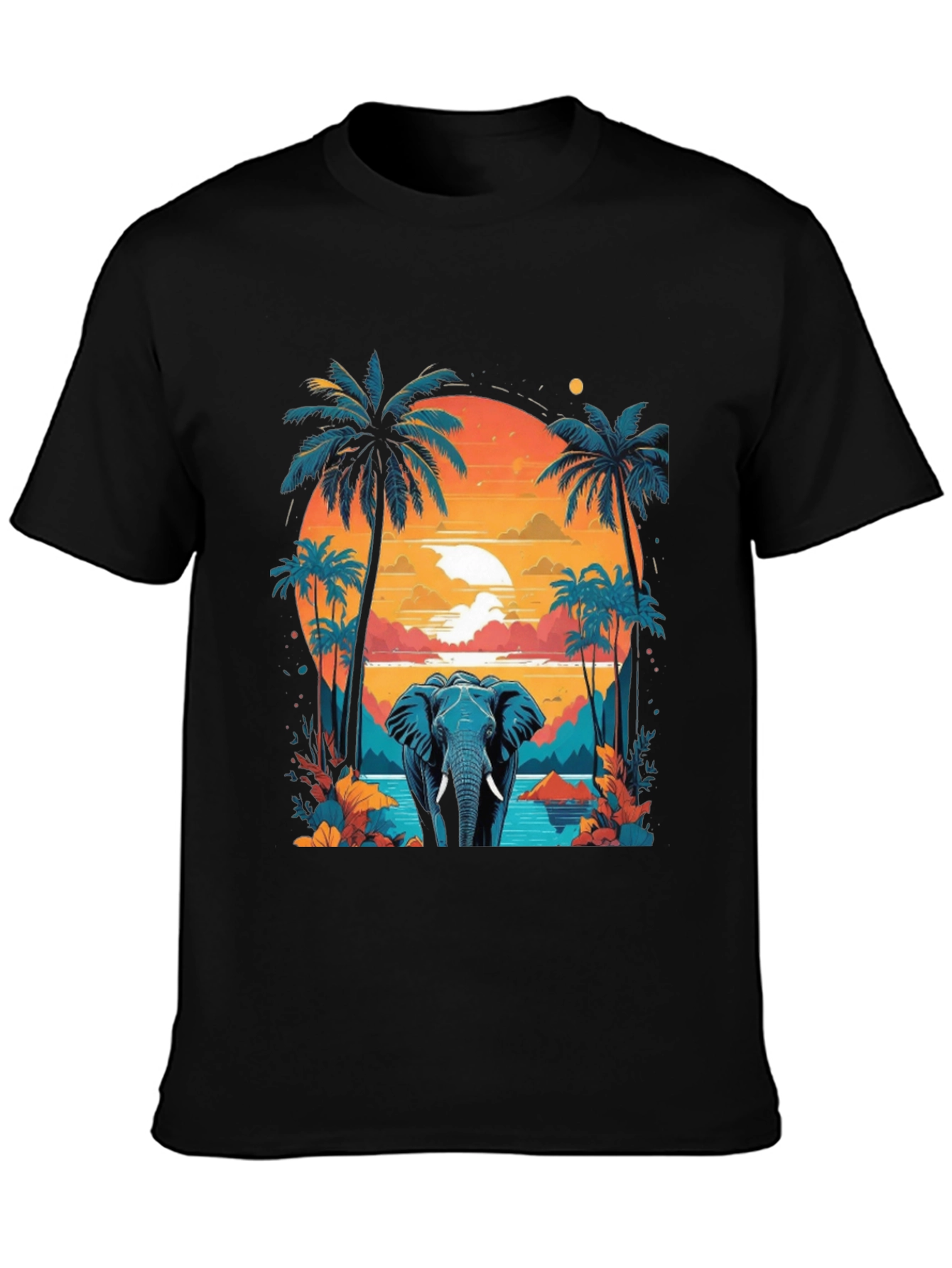 Camiseta Negra con Diseño de Elefante Tropical