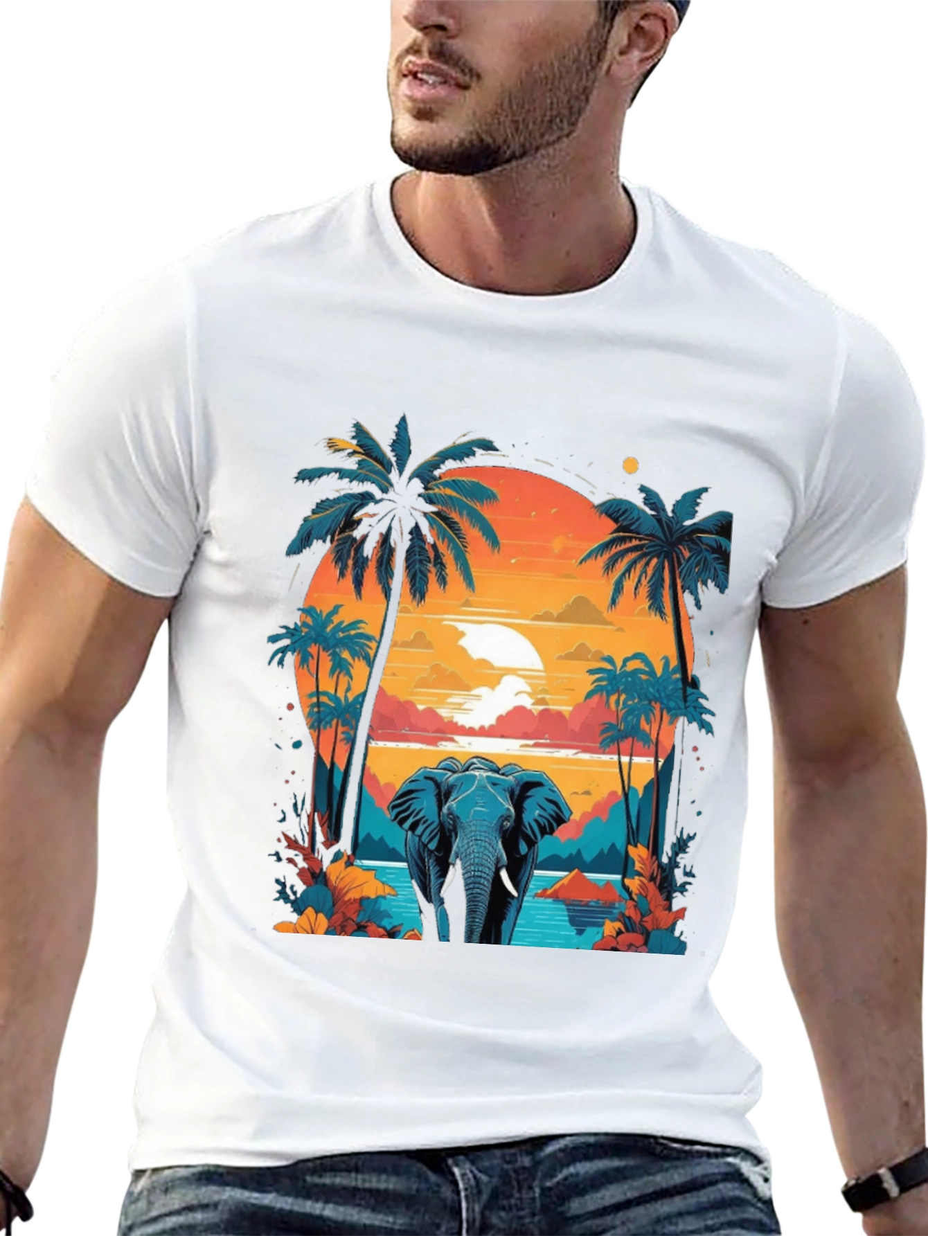 Camiseta Negra con Diseño de Elefante Tropical