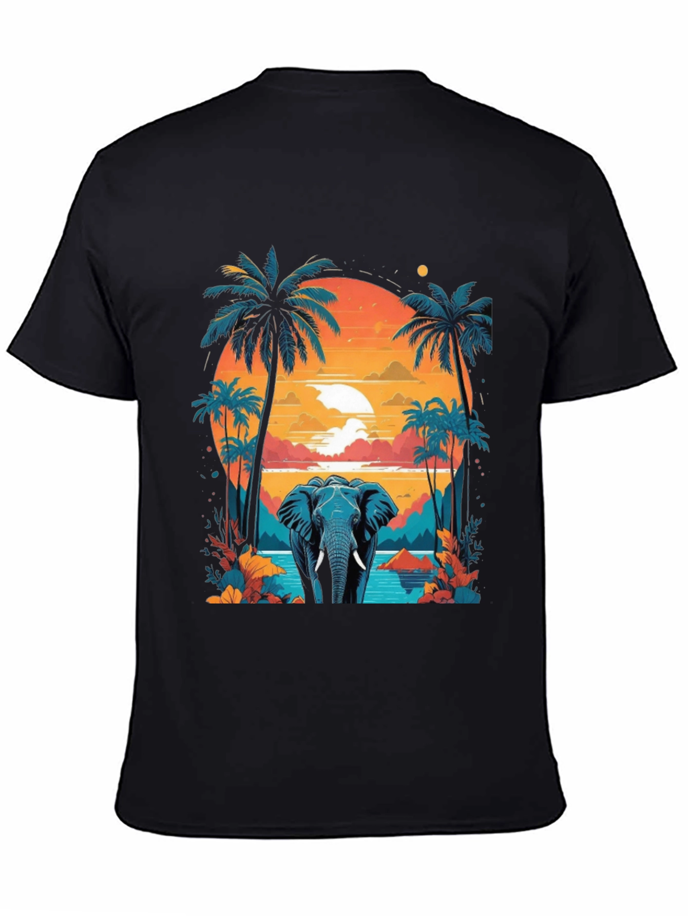 Camiseta Negra con Diseño de Elefante Tropical