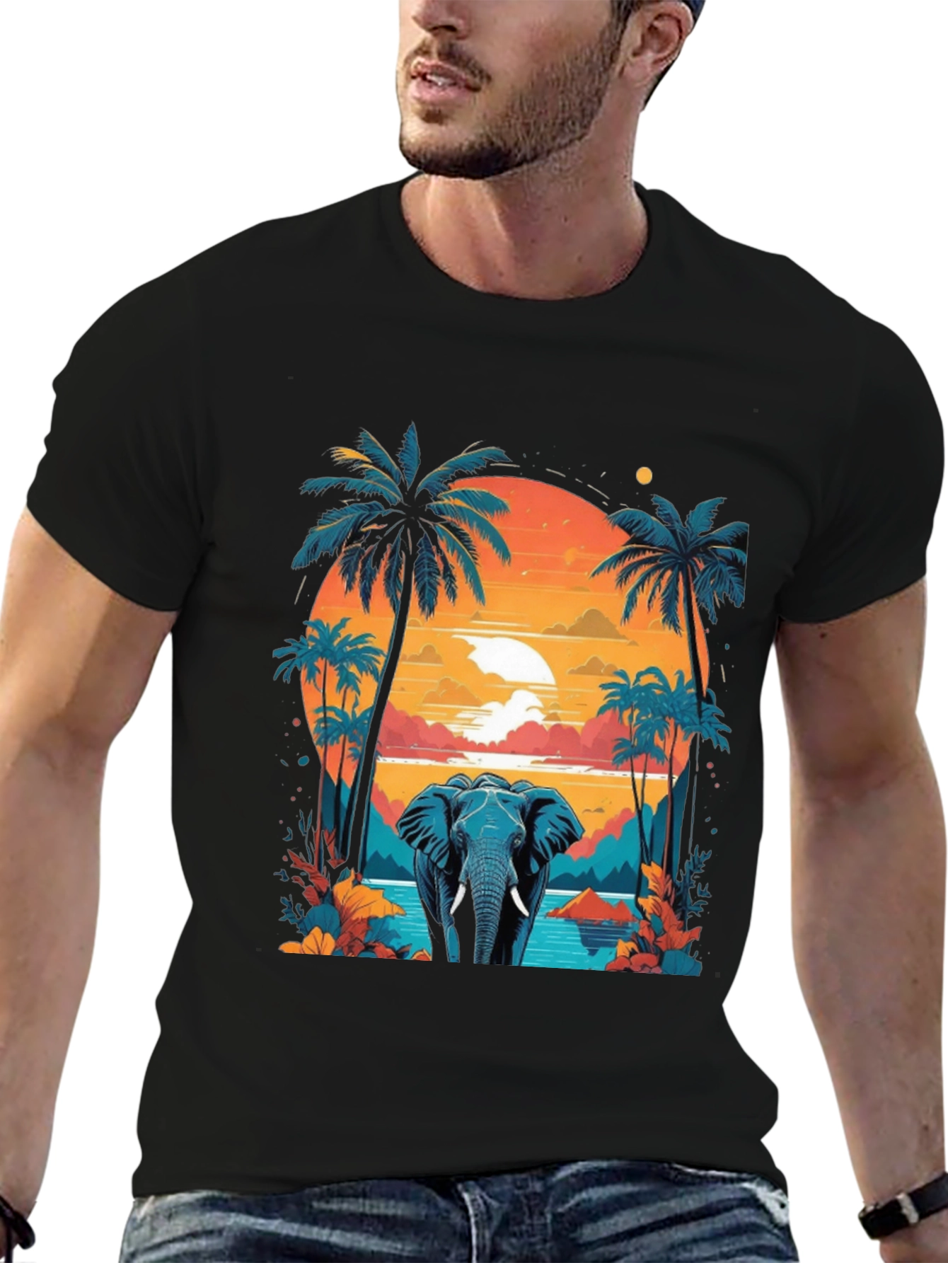 Camiseta Negra con Diseño de Elefante Tropical