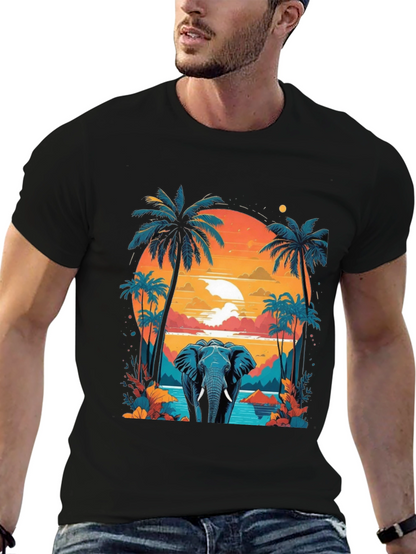 Camiseta Negra con Diseño de Elefante Tropical