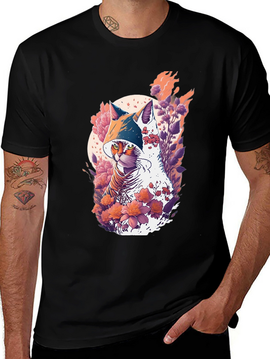 Camiseta Negra con Diseño de Gato Floral