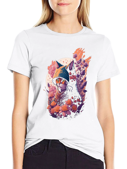 Camiseta Negra con Diseño de Gato Floral