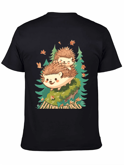 Camiseta Negra con Diseño de Erizo en el Bosque