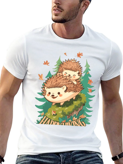 Camiseta Negra con Diseño de Erizo en el Bosque