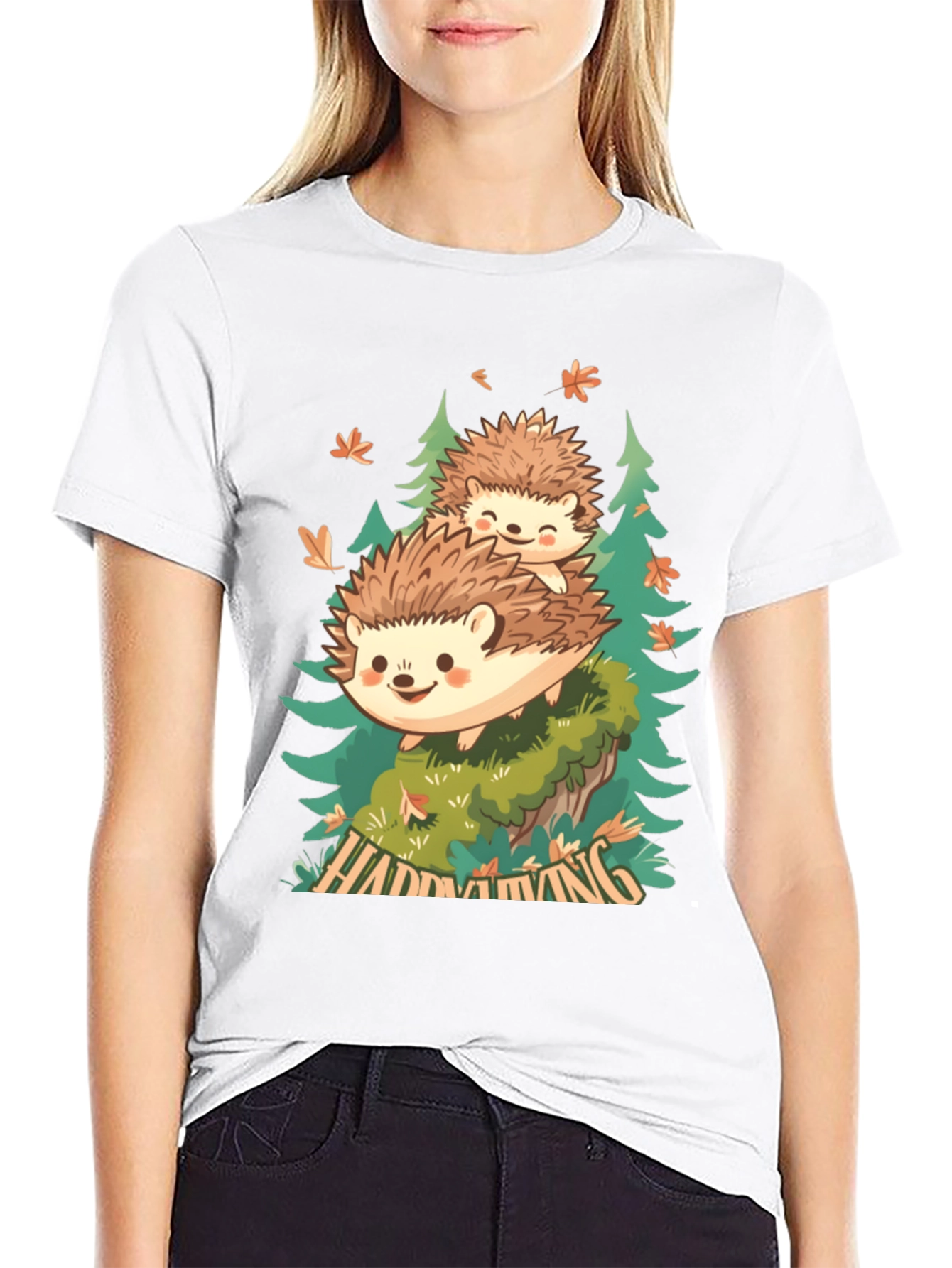 Camiseta Negra con Diseño de Erizo en el Bosque