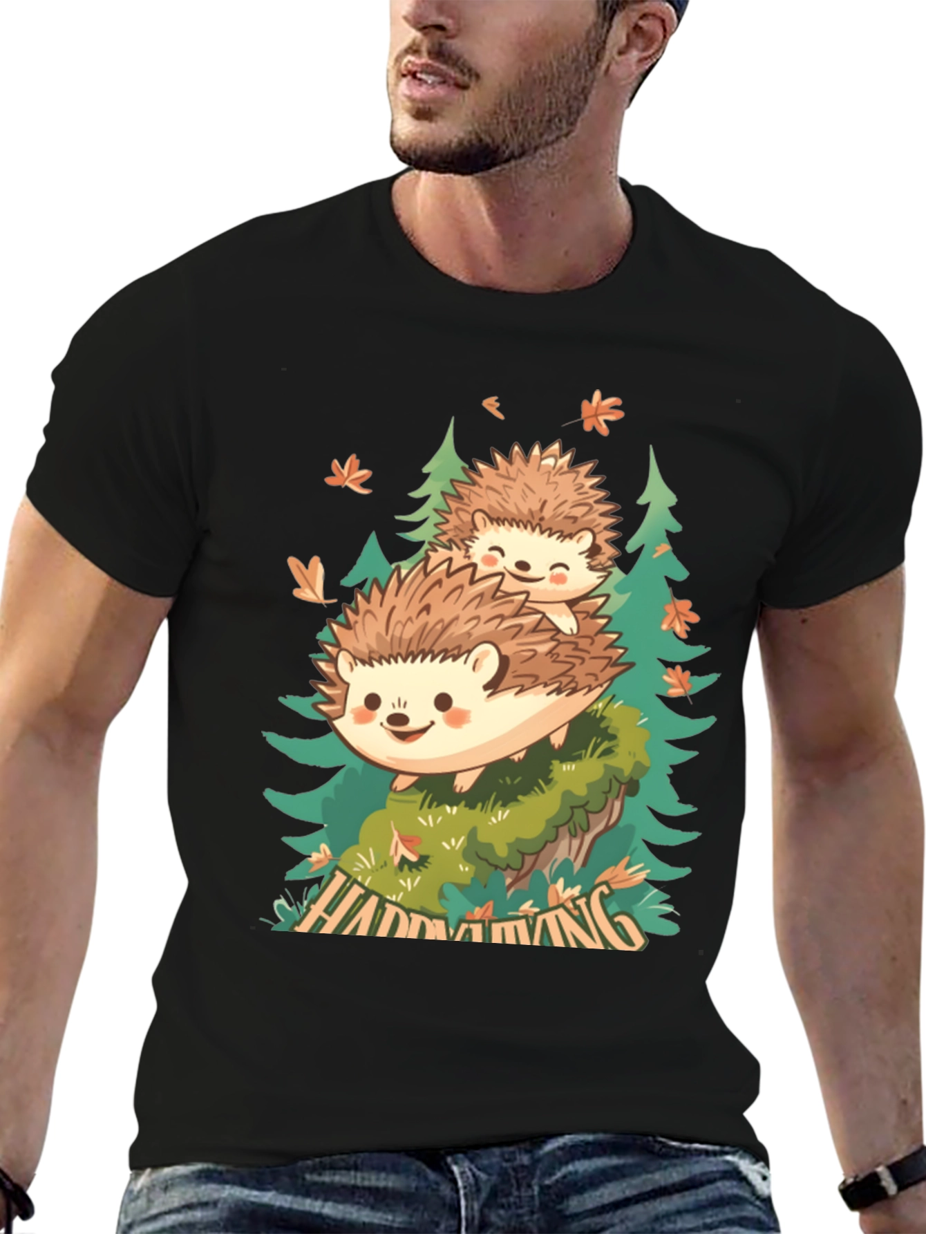 Camiseta Negra con Diseño de Erizo en el Bosque