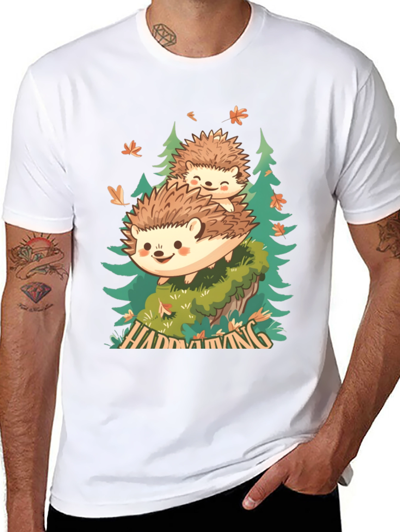 Camiseta Negra con Diseño de Erizo en el Bosque