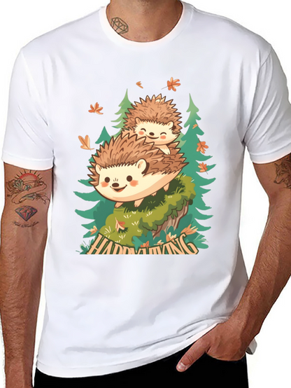 Camiseta Negra con Diseño de Erizo en el Bosque