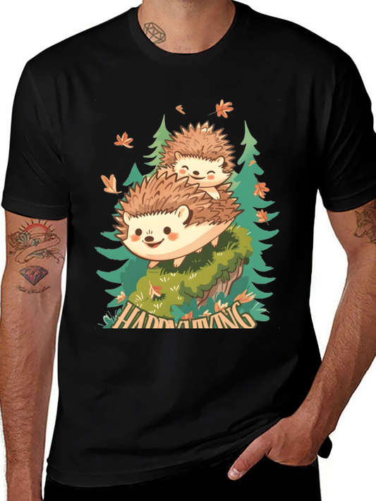 Camiseta Negra con Diseño de Erizo en el Bosque