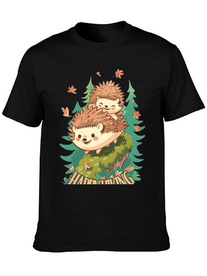 Camiseta Negra con Diseño de Erizo en el Bosque