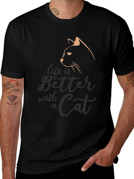Camiseta Negra con Diseño de Gato Life is Better