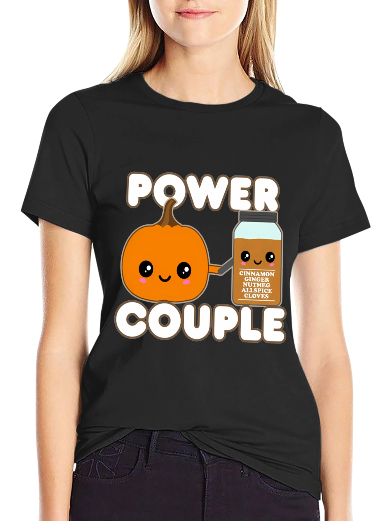 Camiseta Negra Power Couple Calabaza Especia Otoñal
