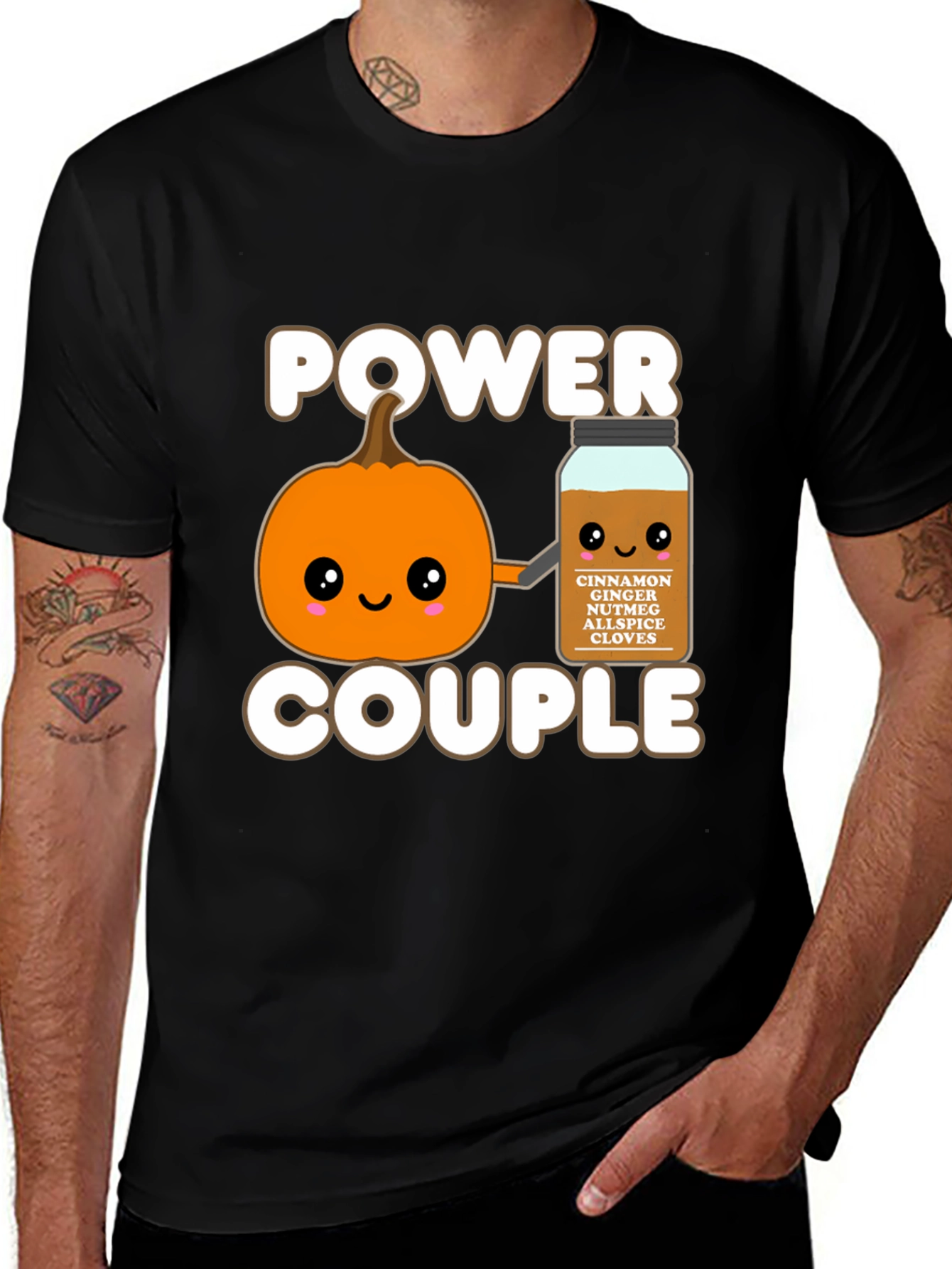 Camiseta Negra Power Couple Calabaza Especia Otoñal