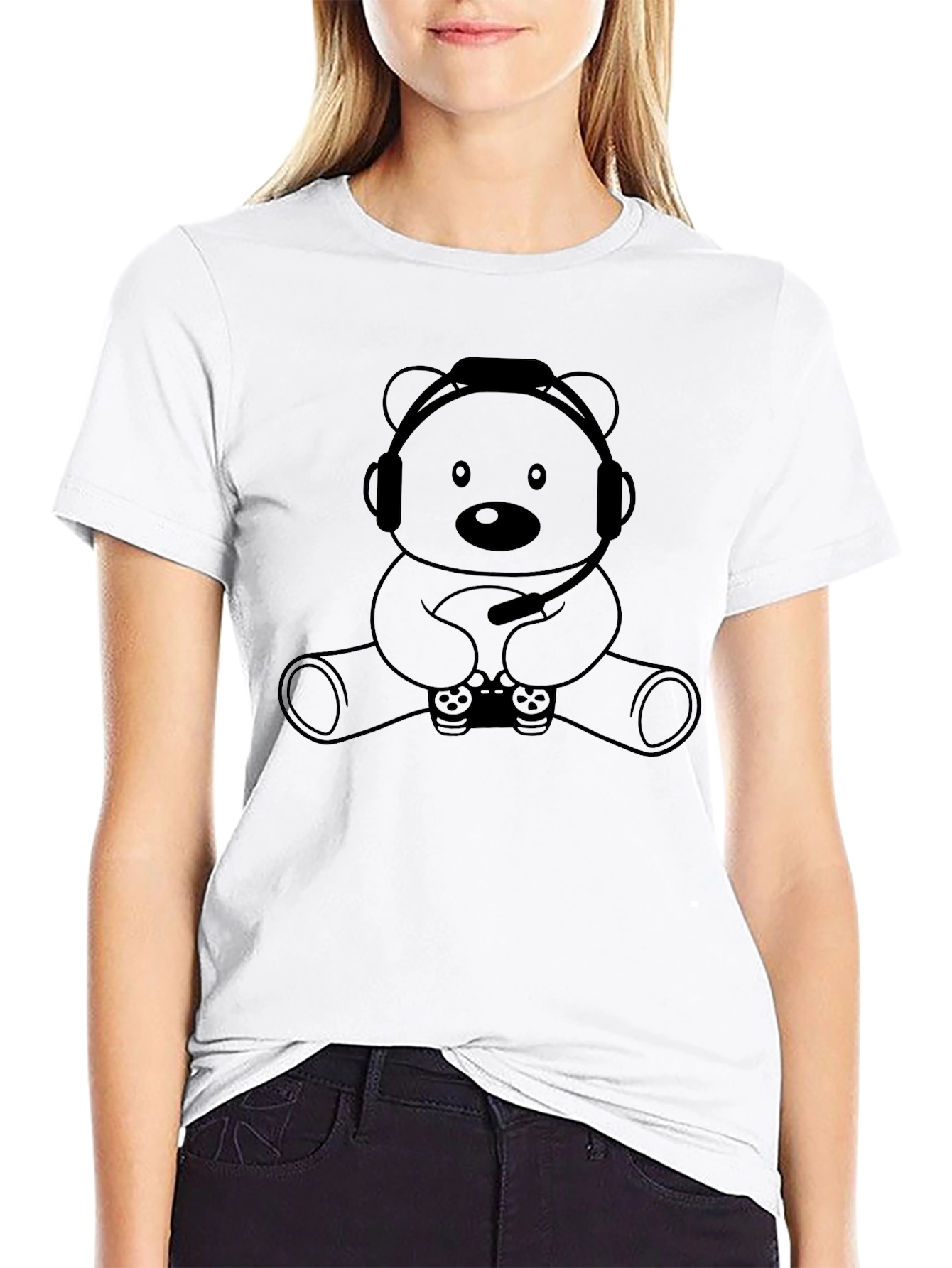 Camiseta Negra con Diseño de Oso Gamer
