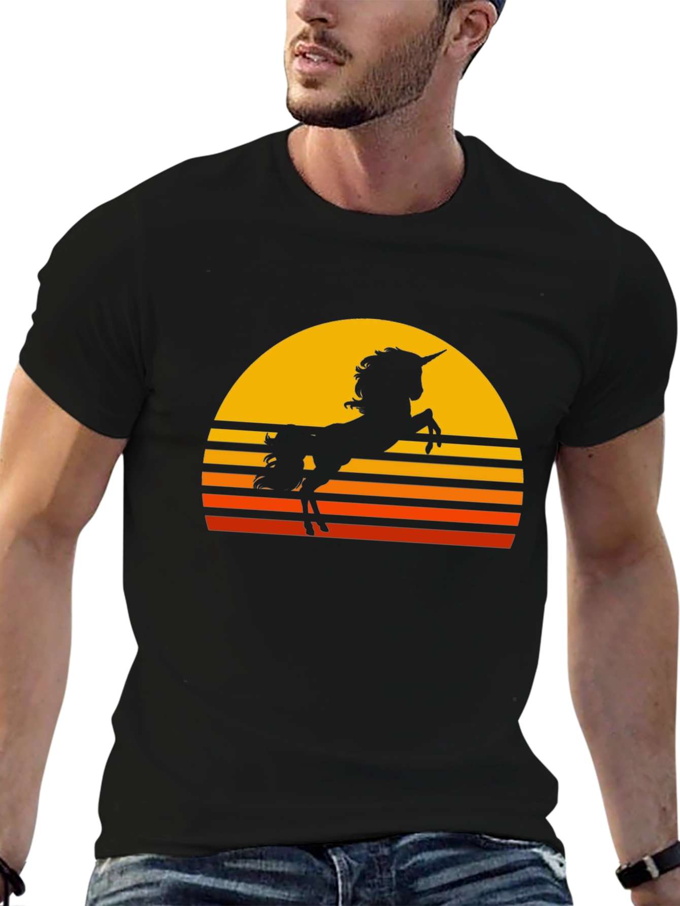 Camiseta Negra Unicornio Atardecer Retro