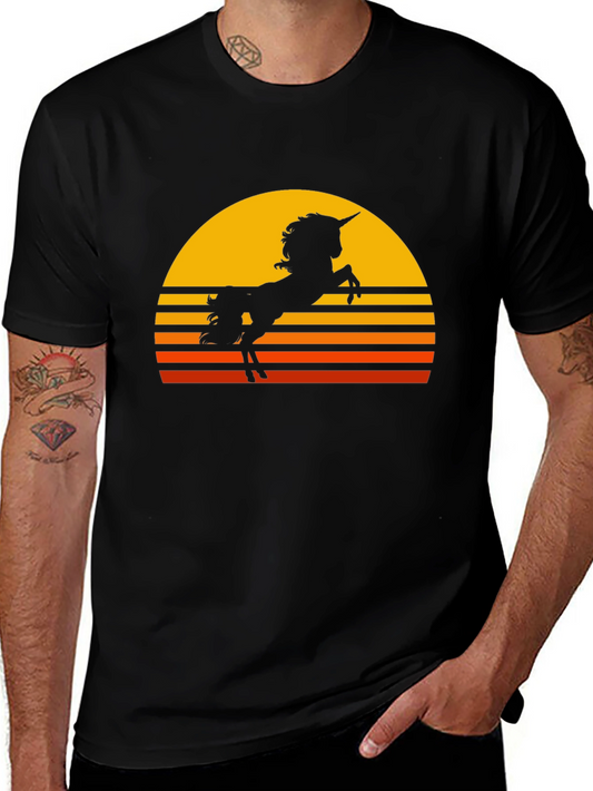 Camiseta Negra Unicornio Atardecer Retro