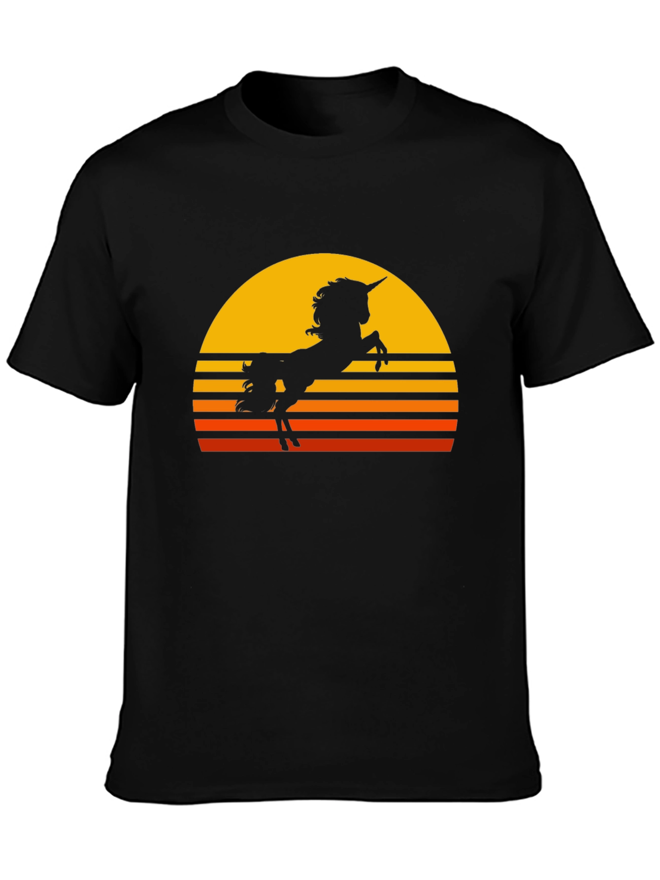 Camiseta Negra Unicornio Atardecer Retro