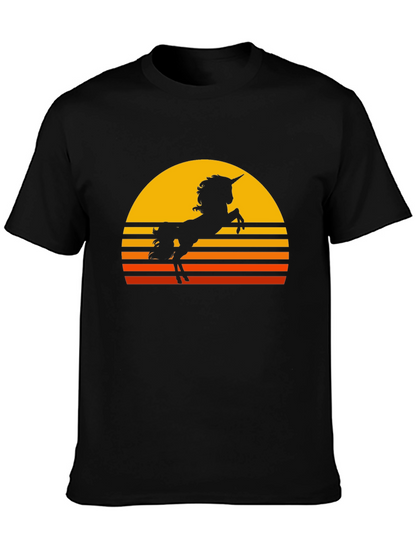 Camiseta Negra Unicornio Atardecer Retro