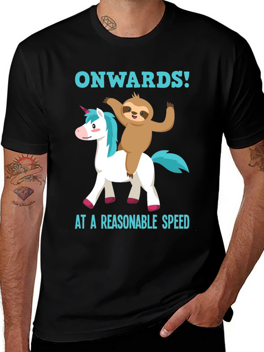 Camiseta Negra: Unicornio y Perezoso ¡A Velocidad Razonable!